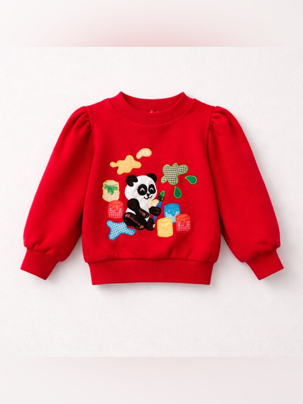 Vintage Childrens Puff Sleeve Panda Painting Embroidered Red Sweater